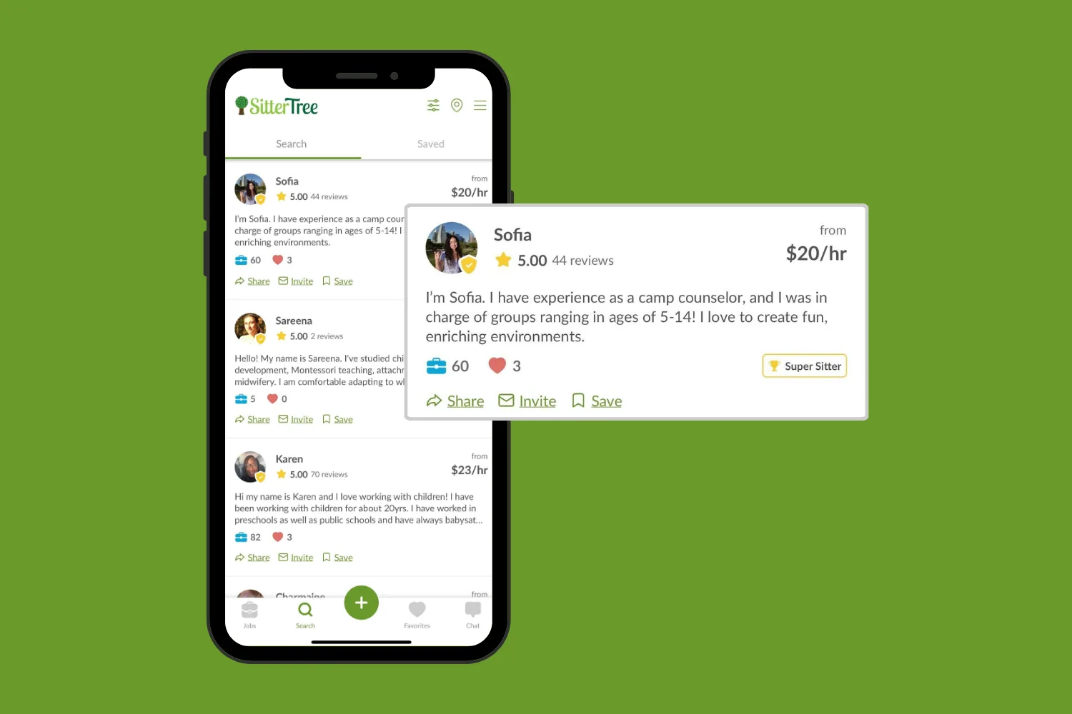 SitterTree app screen with search feature