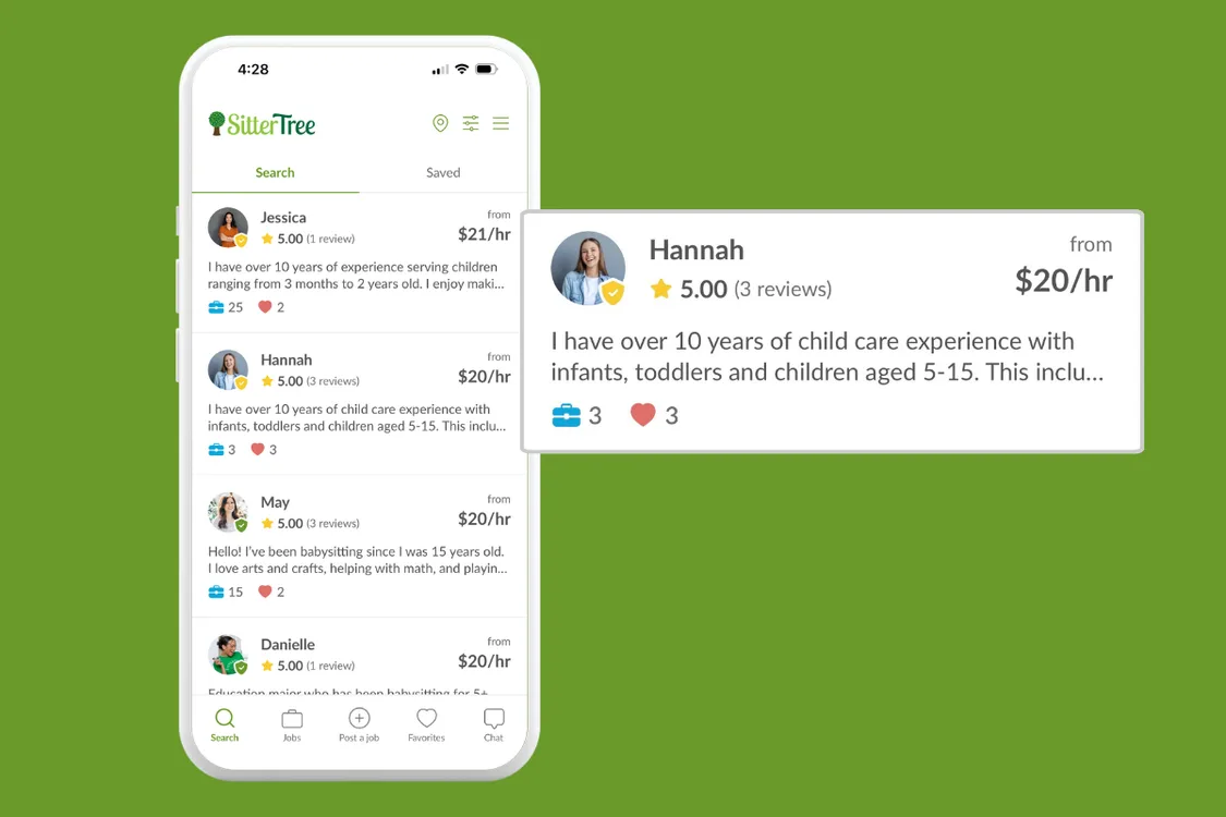 Search screen of Austin-based babysitters