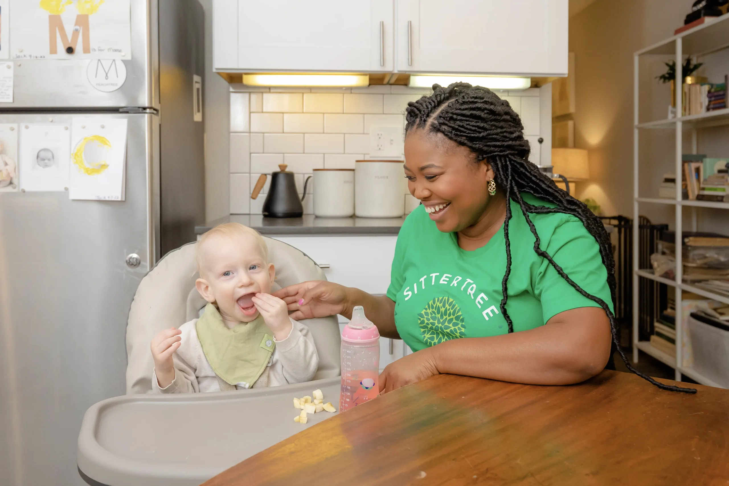 Last-minute sitter feeding child dinner